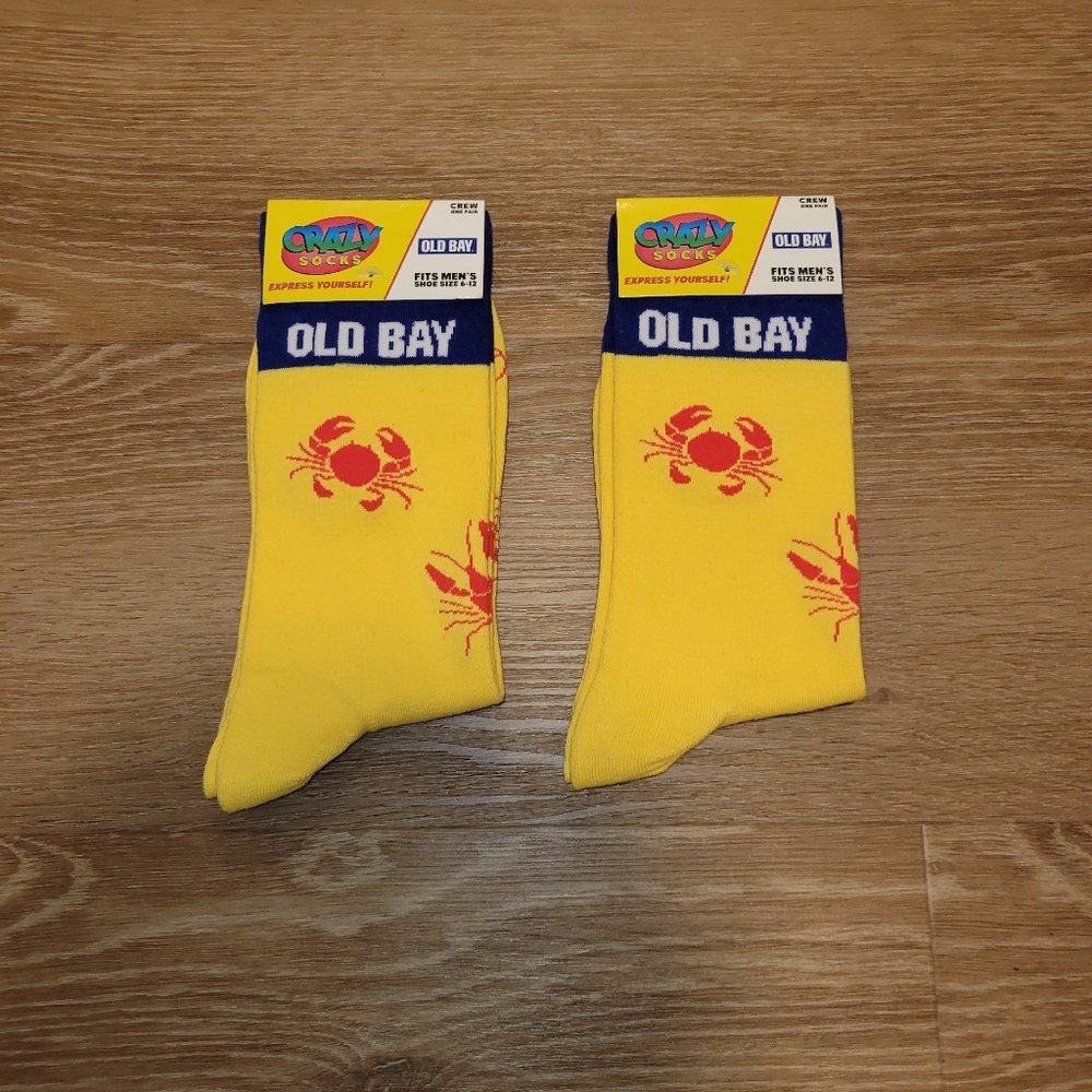 2 Pairs Crazy Socks Mens Yellow Crab Mid Calf Crew Socks For All Seasons Sz 6-12